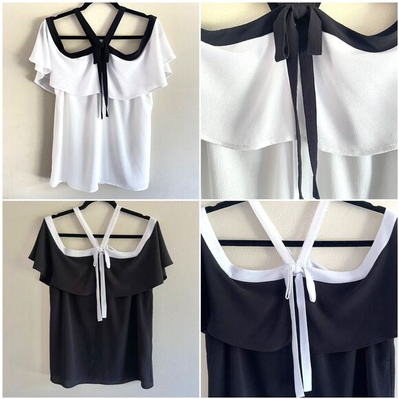 Vince Camuto Off Shoulders Black Top Womens Size M White Bow Halter Neck Flutter - Picture 8 of 8